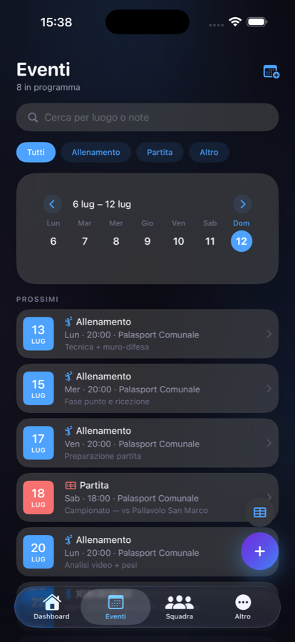 Il calendario eventi nell'app