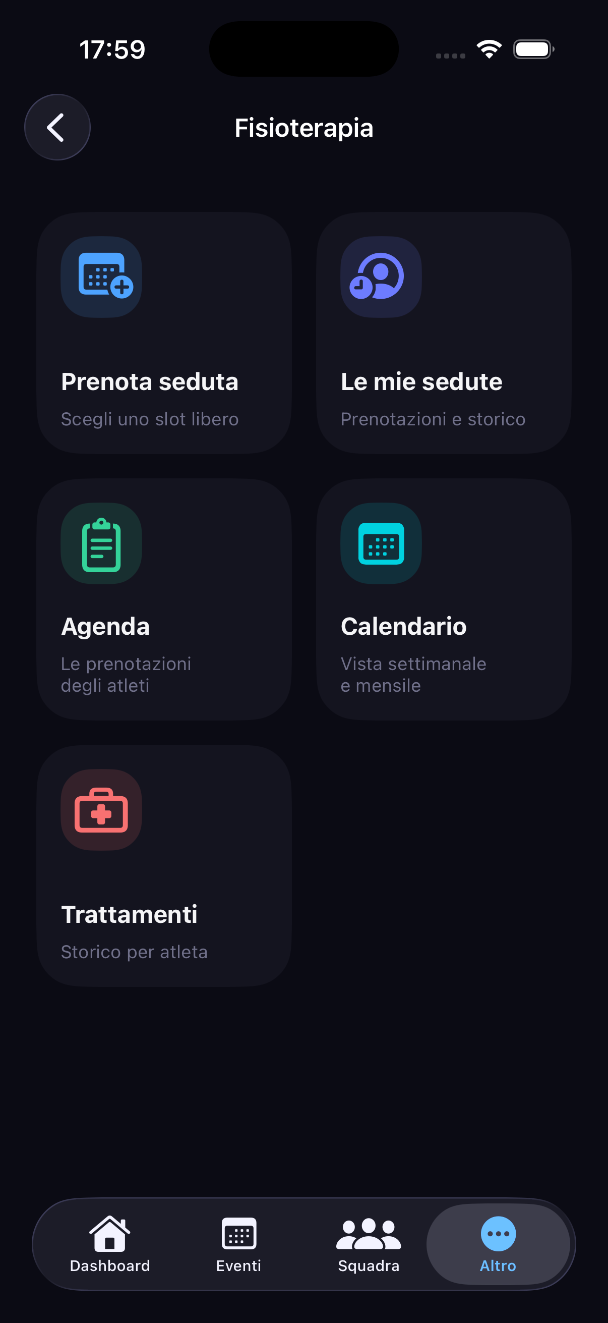 Il menu della sezione Fisioterapia nell'app