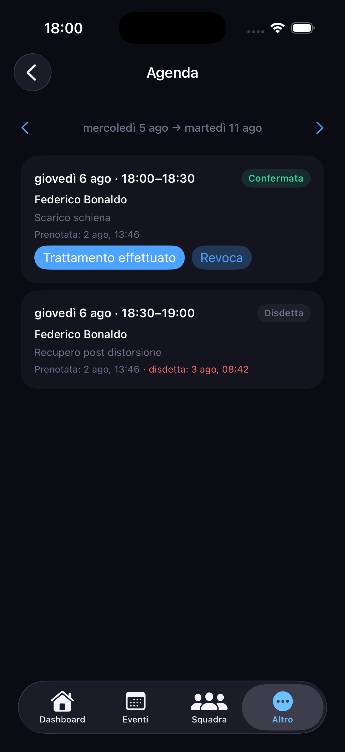 L'Agenda con le prenotazioni degli atleti