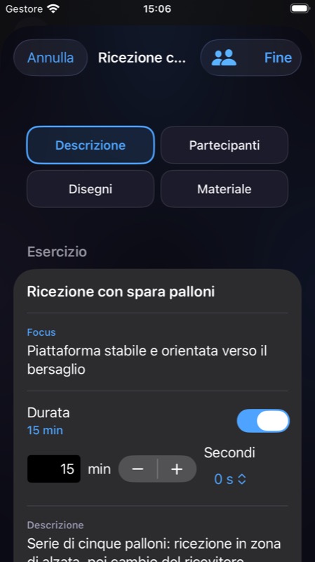 Editor di un esercizio su iPhone: sezioni Descrizione, Partecipanti, Disegni e Materiale, con focus, durata e descrizione
